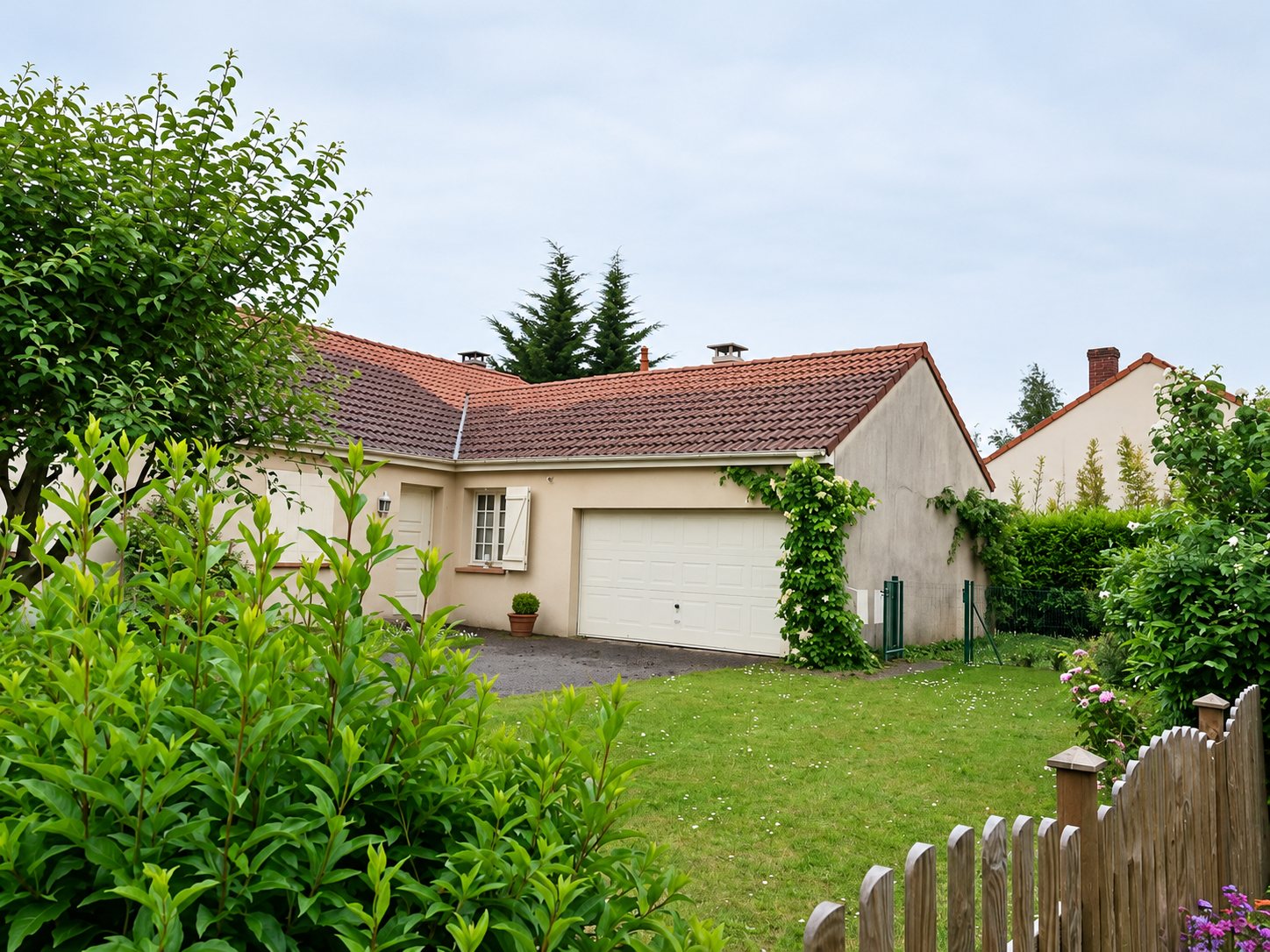 Maison de plain-pied aux murs beiges avec toit en tuiles rouges, porte de garage blanche, pelouse et clôture en bois au premier plan.
