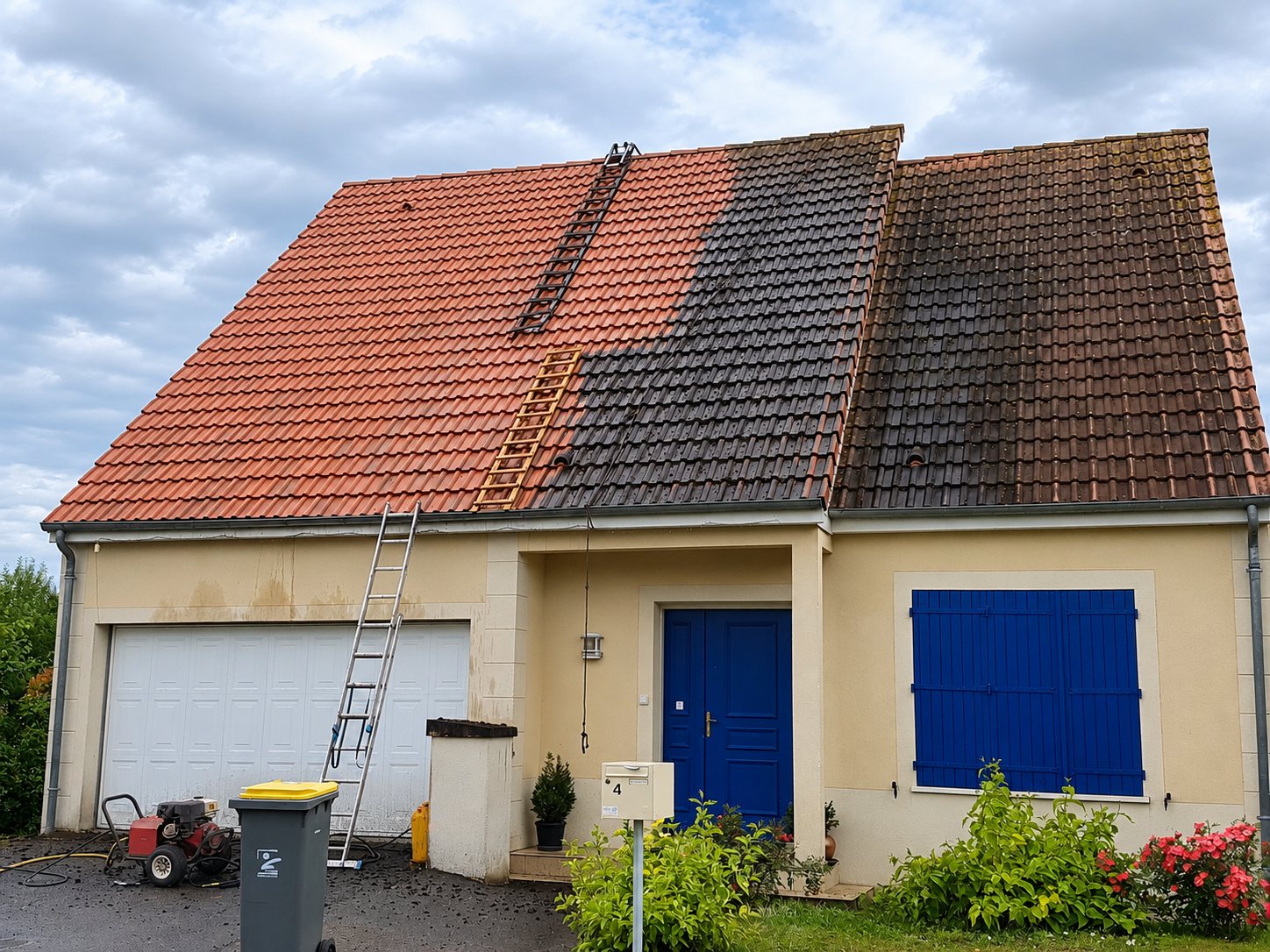 Toiture en cours de nettoyage avec comparaison avant et après sur une maison
