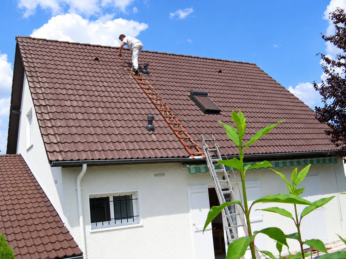 Un ouvrier en vêtements blancs travaille sur le toit de tuiles brunes d'une maison blanche, avec une échelle et une échelle de toit installées.