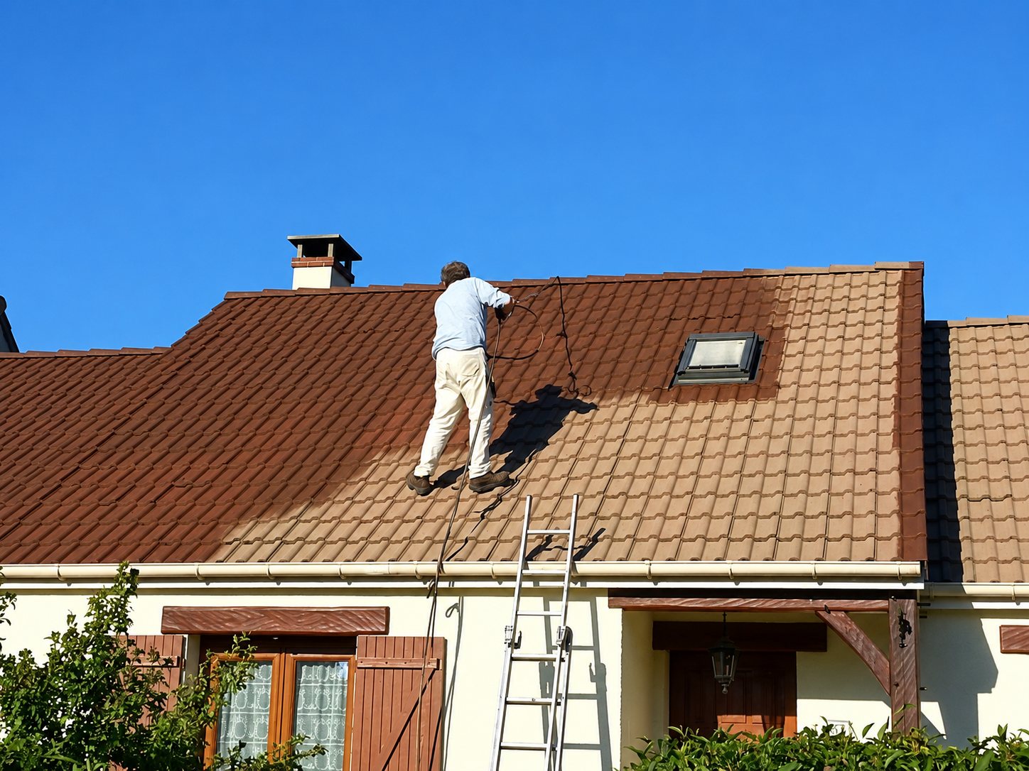 Un ouvrier en vêtements clairs se tient sur le toit en tuiles d'une maison et pulvérise un produit, avec une échelle appuyée contre la gouttière sous un ciel bleu.