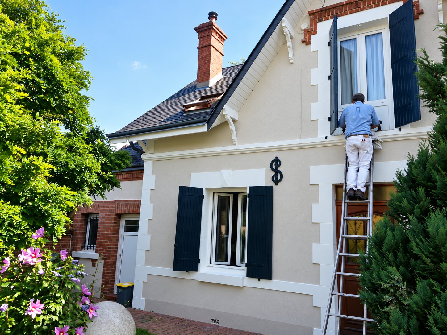Un peintre en bâtiment monte sur une échelle pour travailler sur les volets d'une maison de caractère à la façade beige et aux volets bleu foncé.